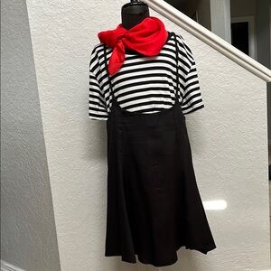 3 piece French Costume Black and White Striped Dress with Red Scarf
